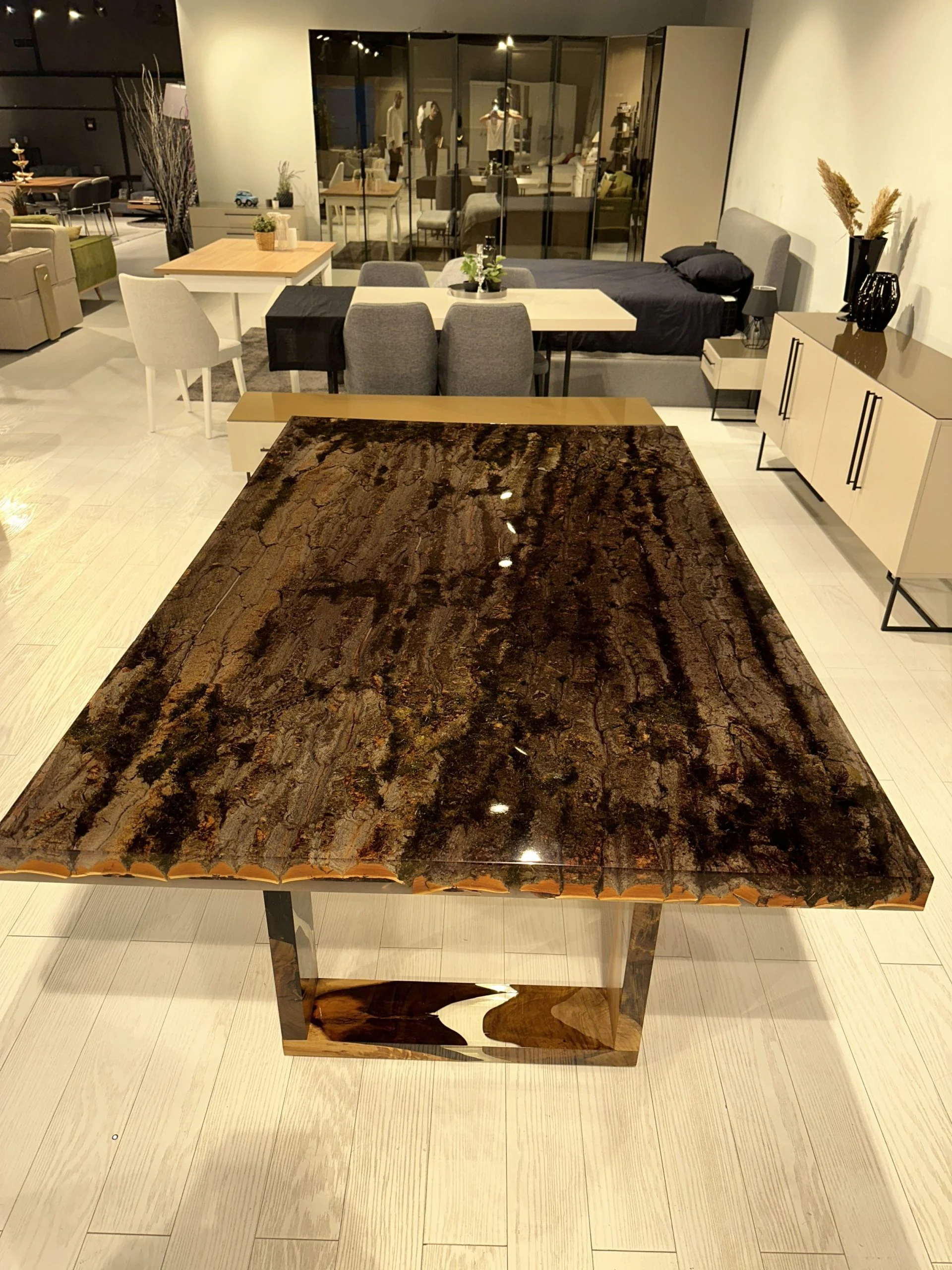 tree bark and moss epoxy table