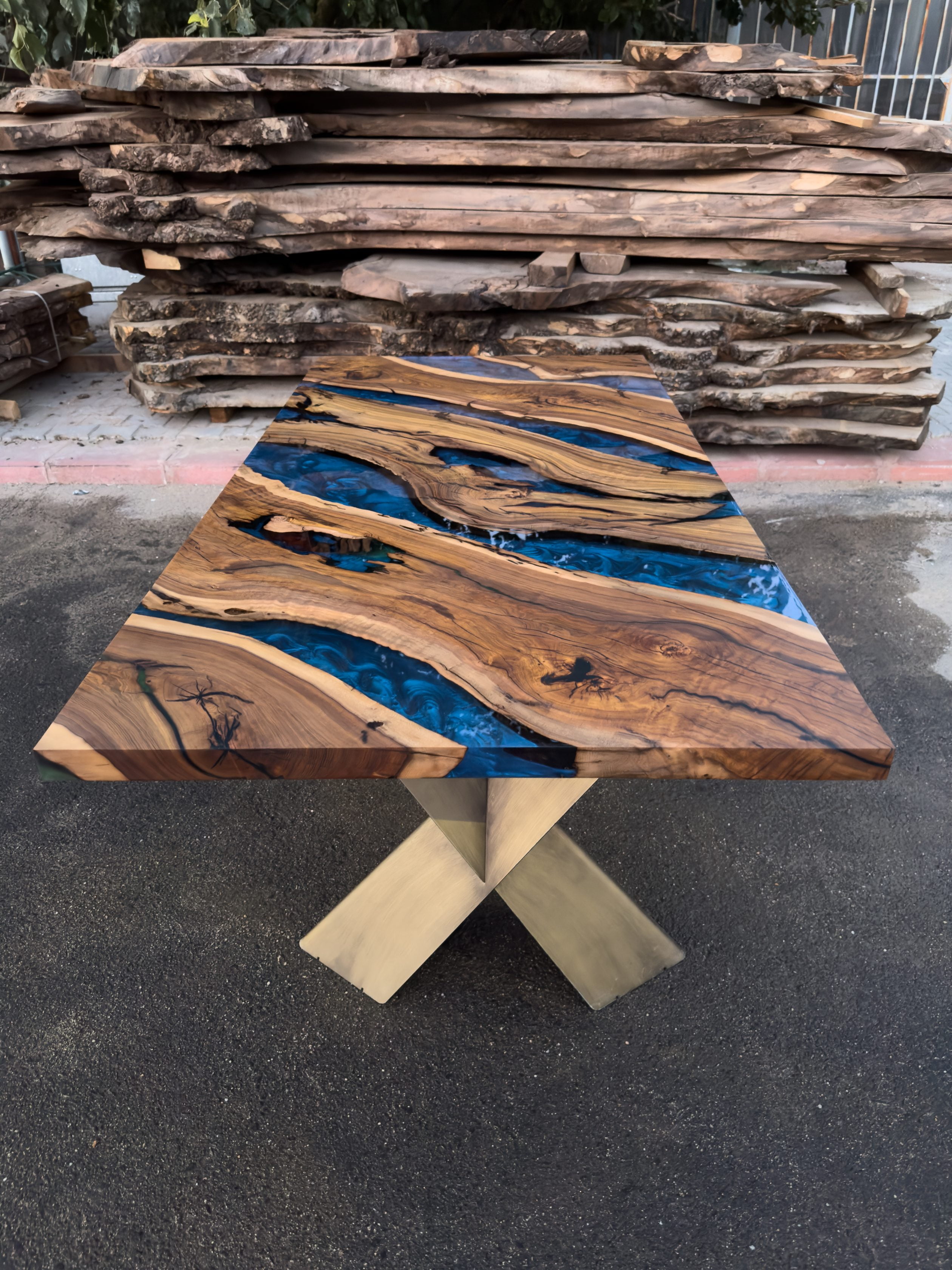 wood epoxy blue resin dining table